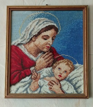 Haft Matka Boża z dzieciątkiem  Obraz antyk 