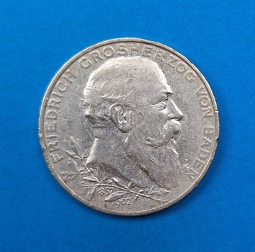 Badenia 5 marek 1902, 50 lat Fryderyka I, Ag 0,900