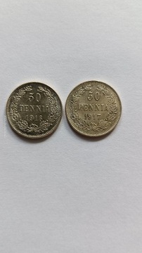 Finlandia 2 x 50 pennia 1916, 1917 r. - srebro. 