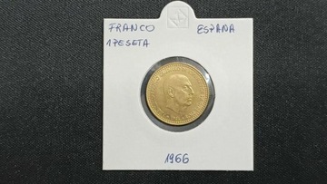 Moneta Hiszpania Franco 1 PESETA 1966r.74*,? 