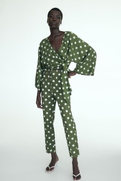 Komplet set ZARA zielony w groszki S 36 retro kopertowa koszula + spodnie