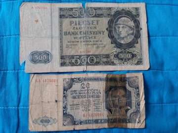 stare polskie banknoty 500 zł 1940, 20 zł 1948 PRL