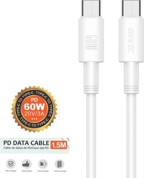 Kabel USB-C 60W, 1.5m Biały - Szybkie Ładowanie, Uszk. Pudełko, Nowy!