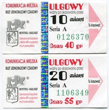 Bilety MPK  Lublin - 10min-40gr, 20min-55gr Ulgowy