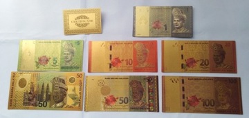 Banknoty pozłacane 24k GOLD KOMPLET 7 szt MALEZJA 