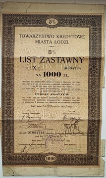 List zastawny na 1000 zł  miasta Łodzi