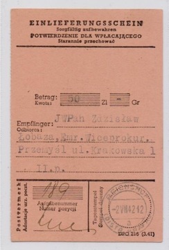 GG potwierdzenie wpłaty - Reichshof (Rzeszów) 1942