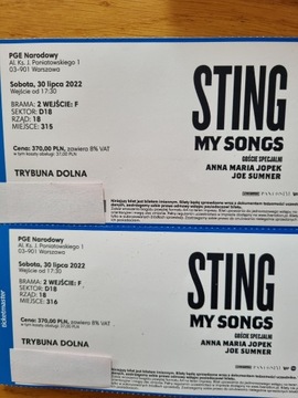 2 bilety na koncert Stinga 30.07.2022