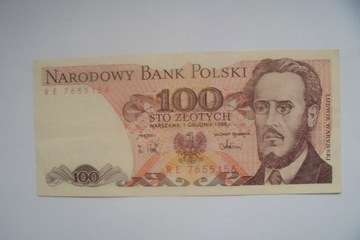 Polska Banknot PRL 100 zł.1988 r.seria RE 