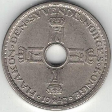 Norwegia 1 korona krone 1947 25 mm 