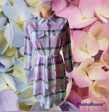 fioletowa sukienka koszulowa w kratę 