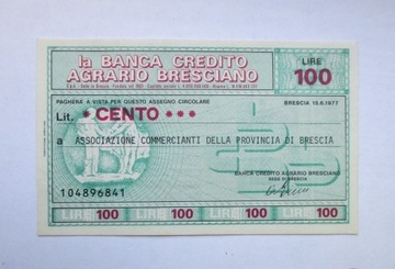 Banknot Włochy 100 lirów  1977 r.  Agrario Bresciano