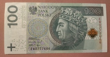 Banknot 100 złotych unikat nr seryjny EW0777666 