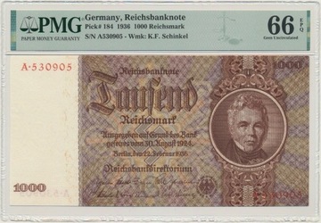 Niemcy, 1.000 marek 1936 - PMG 66 EPQ RZADKI
