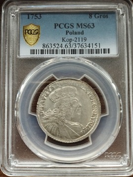 8 groszy 1753 August III Sas -2 MAX NGC PCGS MS63!