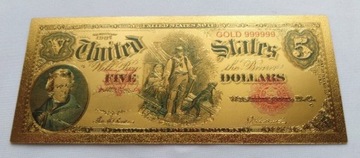 Banknot pozłacany 24k  5 dolarów USA 1907 rok