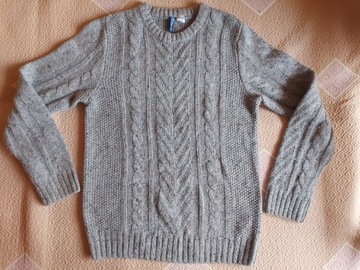 H&M sweter damski szary wełniany w warkocze S M