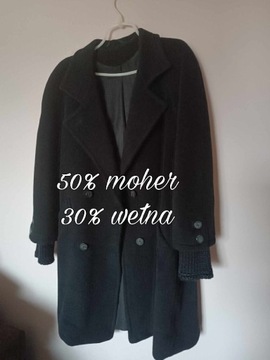 Płaszcz wełniany wełna moher 44 46 XXL 3XL czarny