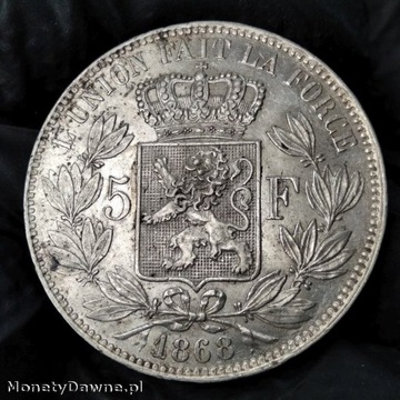 5 franków 1868, Leopold II, Belgia