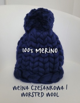 czapka z pomponem wełna czesankowa 100% merino