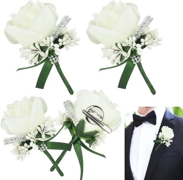 4szt Ślub Boutonniere Biała Róża,