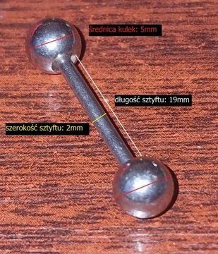 Sztanga 19mm/2mm z kulkami 5mm tytan piercing