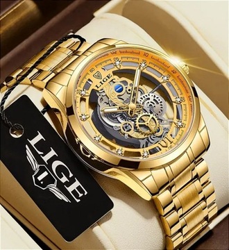 Nowy męski zegarek Lige,złoty z jasno żółtą tarczą