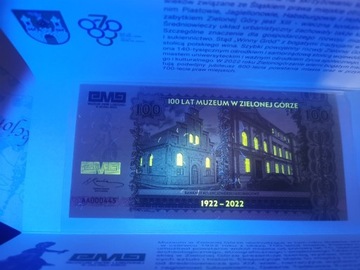 Banknot kolekcjonerski Muzeum w Zielonej Górze UV