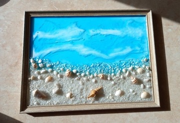 Obraz plaża, morze muszle 3D z żywicy handmade 