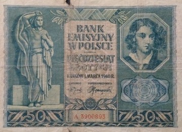 Stary banknot Polska 50 zł 1940 rok Gubernia 