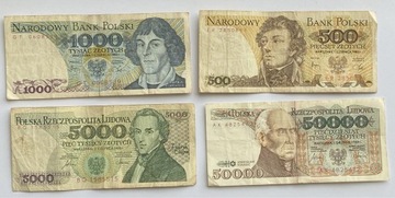 Pieniądze papierowy Polska 50000zł, 5000zł, 1000zł