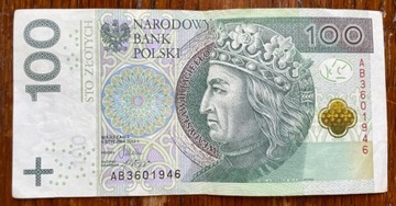Banknot 100zł seria AB 2012