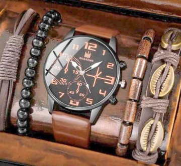 G181 Zegarek męski+4 bransoletki brązowo-czarny
