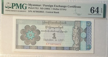 Birma (Myanmar) banknot wymienny na 1 USD. PMG 64