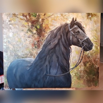 Obraz olejny " Kary Koń "
