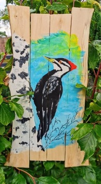Obraz na drewnie malowany akrylowy ptak dzięcioł