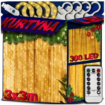 KURTYNA LED ŚWIETLNA LAMPKI ŚWIĄTECZNE x300 3x3m