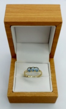 Złoty pierścionek,niebieskie białe cyrkonie585,r22
