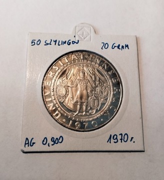 Moneta srebrna 50 szylingów austriackich.