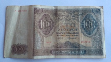 100 złoty 1941 r Seria A 4357019 Banknot Kraków PL