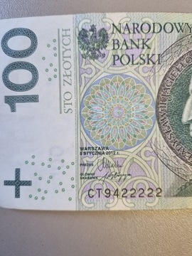 Banknot 100 zł  kolekcjonerski numer seryjny 22222