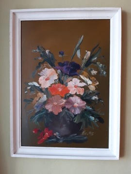 Obraz kwiaty, malowany, 1993r., 39x52 cm