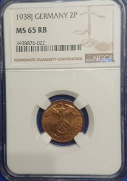 2 Reichspfennig 1938 r. III Rzesza NGC MS65 RB MAX