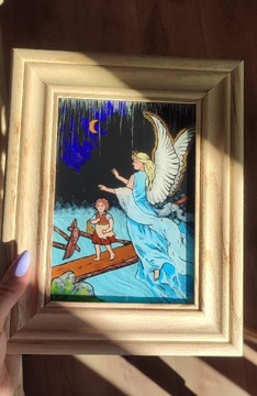 Ręcznie malowany obraz na szkle Anioł na kładce 