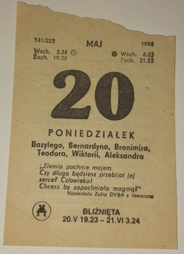 kartka z kalendarza - poniedziałek 20 maja 1996 r.