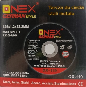 Tarcza do cięcia stali/metalu ONEX 125x1.2x22.2mm 