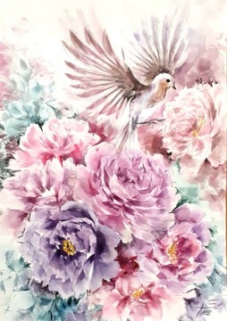 Obraz kwiaty ptak akwarele A3