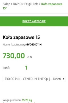 Koło Dojazdowe Zapas SKODA 185/60R15 6V0601011M 
