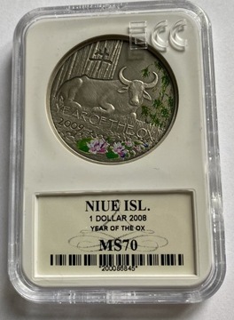 1 Dollar,Niue Island 2008 -Rok Byka (Grading MS70)