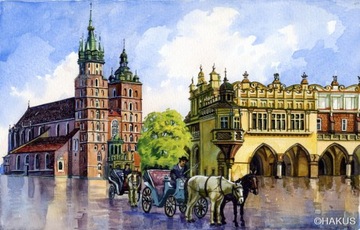 Obraz Akwarela - Kraków, Rynek, dorożki